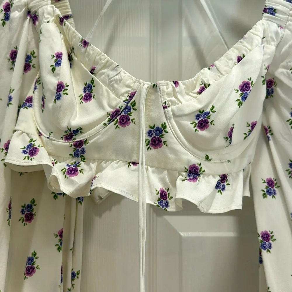 For Love & Lemons Floral White Bra Top with Purple flowers - Picture 2 of 4
